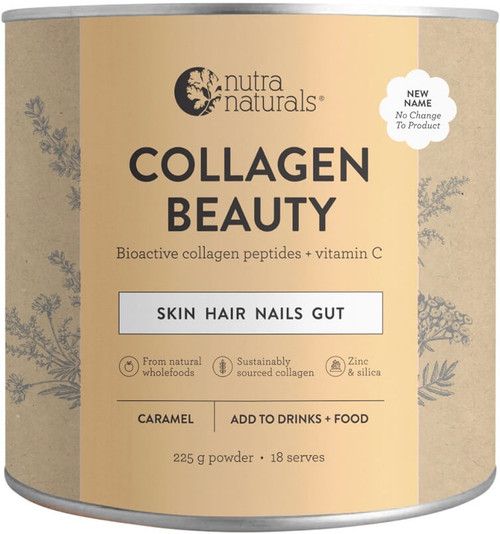Nutra Naturals Collagen Beauty Caramel 225g with Verisol Bioactive Collagen Peptides and Vitamin C supports skin hydration and healthy hair