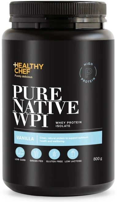 The Healthy Chef Pure Native WPI Vanilla 800g with grass-fed pure native Whey Protein Isolate supports lean muscle growth and immune function