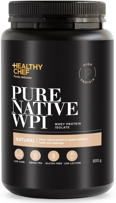 The Healthy Chef Pure Native WPI Natural 800g with grass-fed pure native Whey Protein Isolate assists lean muscle build and post workout recovery