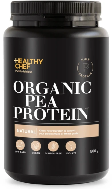 Healthy Chef Organic Pea Protein Natural 800g with organic Pea Protein supports lean muscle growth and post workout recovery