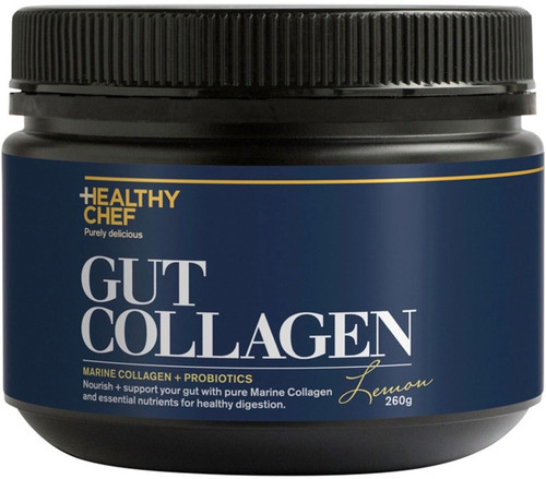 Healthy Chef Gut Collagen Lemon 260g with Wild Marine Collagen Peptides, Probiotics and L Glutamine supports healthy digestion and gut health