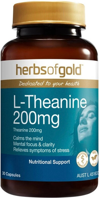 Herbs of Gold L-Theanine 200mg 30 Caps supporting mental relaxation, focus & healthy stress response