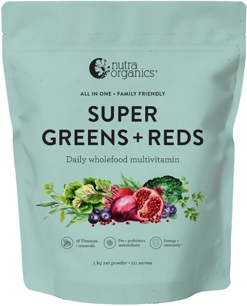 Nutra Organics Super Greens + Reds Wholefood Multivitamin 1kg with Wholefood Greens & Reds Blend, Synbiotic Prebiotic & Probiotic Blend and Vitamins & Minerals Blend supports immunity and energy