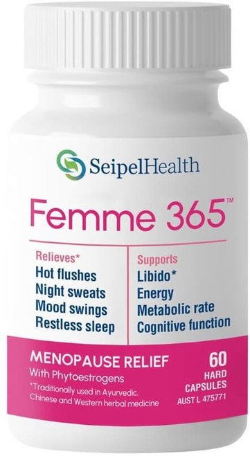 Seipel Group Femme 365 60 Caps for menopause relief, hot flushes, night sweats, mood swings & restless sleep
