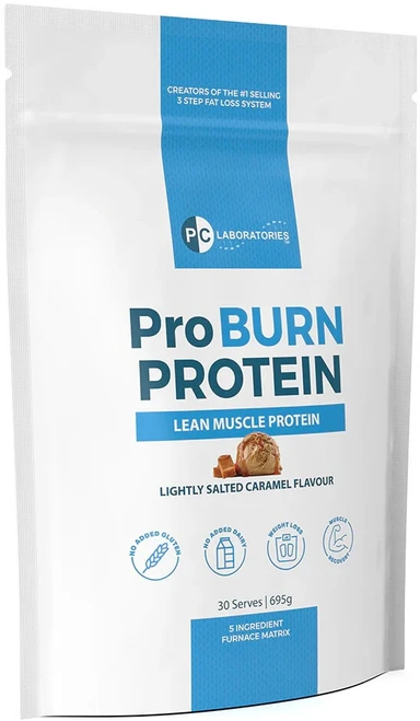 PC Laboratories ProBURN Protein Lightly Salted Caramel 695g with Collagen Peptides, Synephrine and Green Tea supports muscle recovery and weight loss