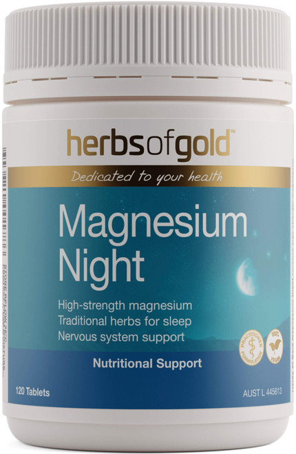 Herbs of Gold Magnesium Night 120 Tabs supporting restful sleep, muscle relaxation & nervous system health