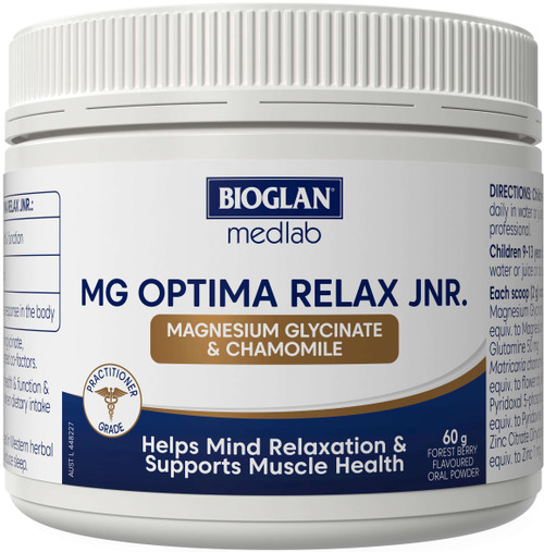 Bioglan Medlab Mg Optima Relax Jnr 60g powder with Magnesium Glycinate, Chamomile, Glutamine, Vitamin B6 & Zinc for children’s relaxation and sleep support