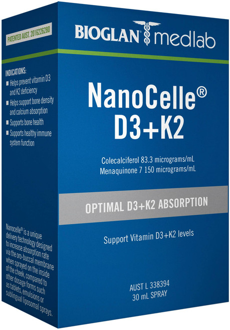 Bioglan Medlab NanoCelle D3+K2 30ml oral spray with Colecalciferol Vitamin D3 and Menaquinone Vitamin K2 supporting nutrient levels