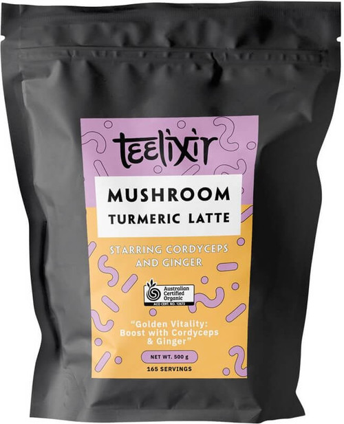 Teelixir Organic Mushroom Turmeric Latte 500g with Organic Turmeric, Cordyceps Mushroom, Ginger & Ceylon Cinnamon for a caffeine-free coffee alternative