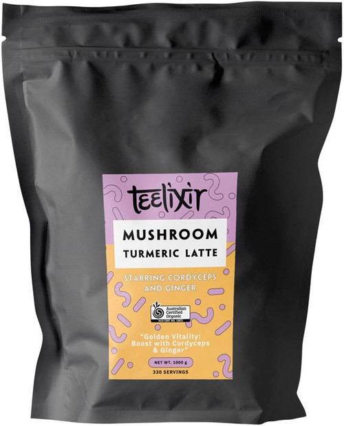 Teelixir Organic Mushroom Turmeric Latte 1kg with Organic Turmeric, Cordyceps Mushroom, Ginger & Ceylon Cinnamon for a caffeine-free coffee alternative
