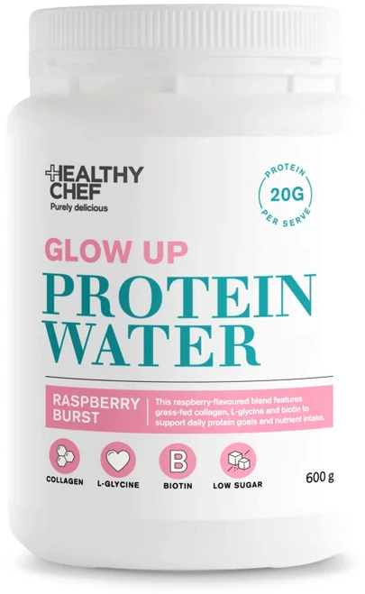 Healthy Chef Glow Up Protein Water Raspberry Burst 600g with Grass Fed Collagen, Biotin and L Glycine supports protein goals, skin, hair and nails