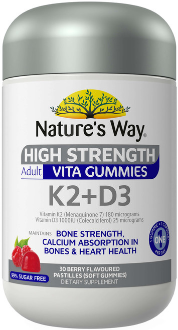 Nature’s Way K2 + D3 High Strength 30 Adult Vita Gummies x 3 Pack for strong bones, calcium absorption, cardiovascular & immune health = 90 Gummies