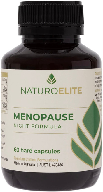 NaturoElite Menopause Night Formula 60 Caps with Hops, Valerian and Sage relieves night sweats and promotes healthy sleep