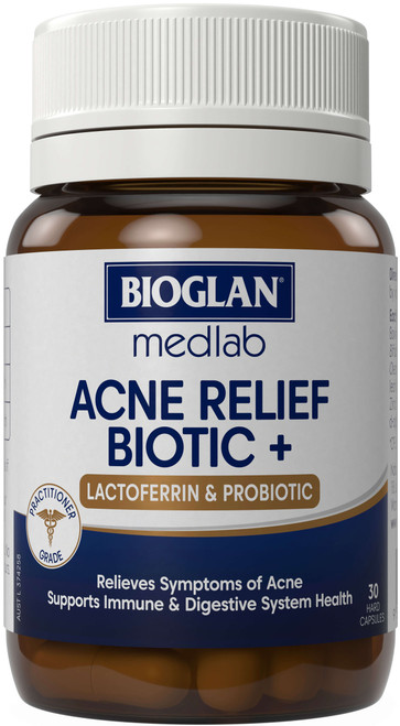 Bioglan Medlab Acne Relief Biotic 30 Caps with Lactoferrin & Zinc supporting acne symptom relief and skin health