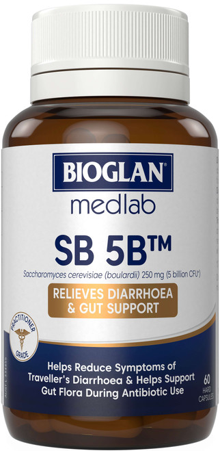 Bioglan Medlab SB 5B 60 Caps with Saccharomyces cerevisiae Boulardii supporting gut flora balance and relieving traveller's diarrhoea