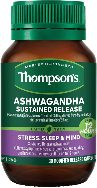 Thompson’s Ashwagandha Sustained Release 30 Caps for stress relief, sleep quality & memory recall