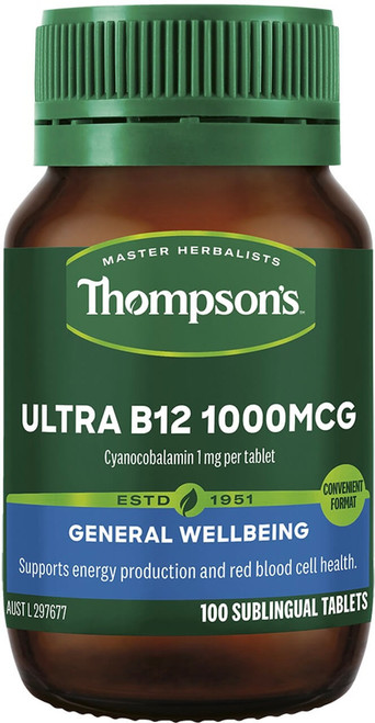 Thompsons Vitamin B12 Ultra 1000mcg 100 Sublingual Tabs supports energy production, red blood cell health and nervous system function