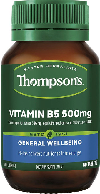 Thompsons Vitamin B5 500mg 60 Tabs supports healthy stress response, energy metabolism and adrenal gland function