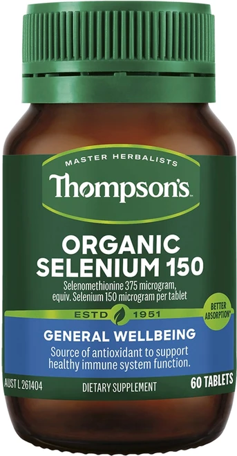 Thompsons Organic Selenium 150mcg 60 Tabs readily absorbed organic Selenium supports immune function and thyroid health