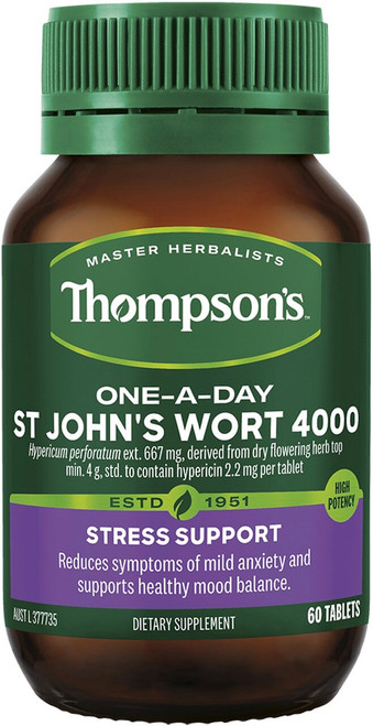 Thompsons One-A-Day St Johns Wort 4000mg 60 Tabs standardised extract supports healthy mood balance and reduces anxiety symptoms