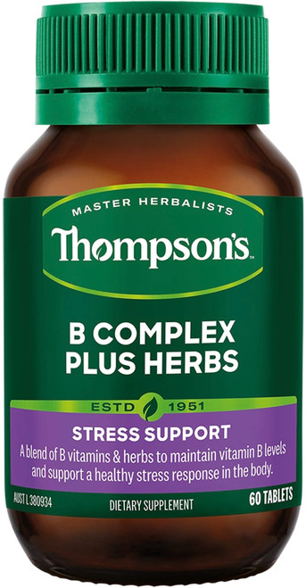 Thompsons B Complex Plus Herbs 60 Tablets with B Vitamins and Magnesium supports nervous system health and a healthy stress response