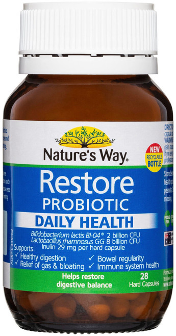 Nature’s Way Restore Probiotic Daily Health 28 Caps x 3 Pack for digestive health, gut balance, bloating & bowel regularity = 84 Caps