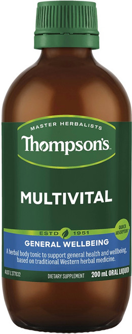 Thompsons Multivital 200ml herbal body tonic with Gentian Ginkgo Ginger and Echinacea supports vitality and digestive function