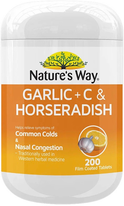 Nature's Way Garlic + Vitamin C & Horseradish 200 Tabs x 3 Pack relieves cold symptoms and supports immune function = 600 Tabs