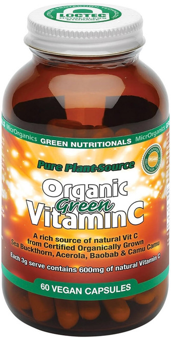 Green Nutritionals Pure Plant Source Organic Green Vitamin C 60 Caps source of natural Acerola Berry and bioflavonoids for collagen health