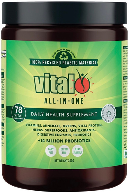 Vital All-In-One 300g easy absorbing powder features plant protein, probiotics and antioxidants for digestive and liver support