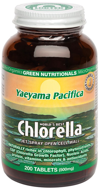 Green Nutritionals Yaeyama Pacifica Chlorella 500mg 200 Tabs delivering pure microalgae nutrients, essential minerals and antioxidants for daily vitality