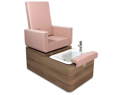 REM Centenary pedispa pedicure chair in pink with a wooden base and white pedicure bowl.