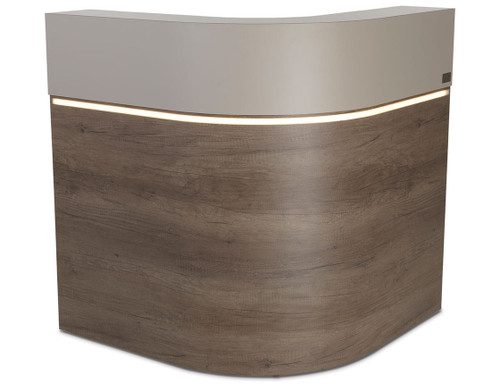 REM Saturn reception desk 92x92cm in taupe and brown with LED lighting.