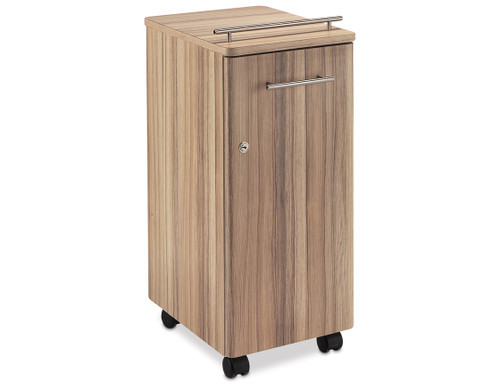 REM Prima beauty trolley in light wooden brown with black wheels on the base.