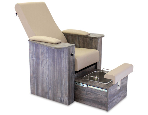 REM Natura salon pedicure chair with a taupe cushioned seat and wooden base and pedicure bowl.
