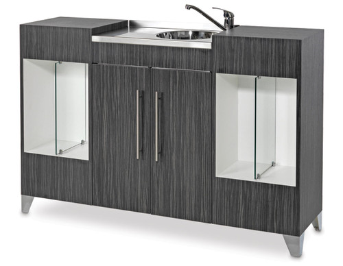 REM Opal vanity unit base with sink, tap and wooden cupboards.