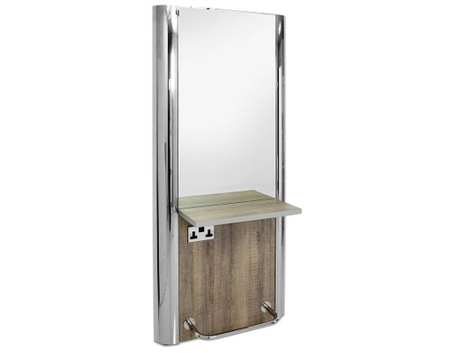 REM Cornell island mirror unit in silver with a wooden shelf.
