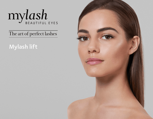 Lash lift online training course with a young brunette woman with long lashes on a grey background.