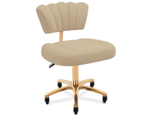 Esthetix Sienna therapist stool in taupe upholstery with a scalloped backrest and gold metal base on castors, ideal for salon or spa use.