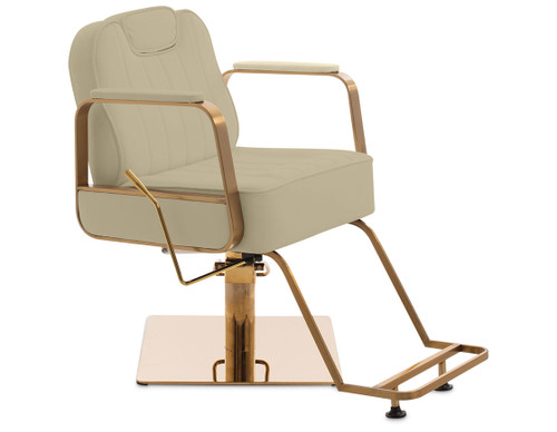 Esthetix Rosa beauty chair in taupe with gold frame, featuring cushioned seat and back, armrests, footrest, and hydraulic adjustable base.