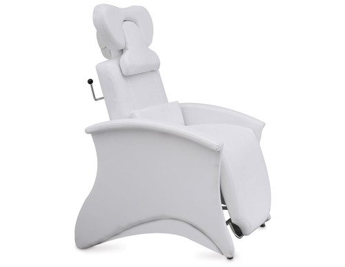 Side view of a white lash/brow chair with a white background