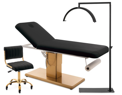 Esthetix x CosmoGlo salon bundle in black with a black/gold electric beauty couch, salon chair and floor lamp.