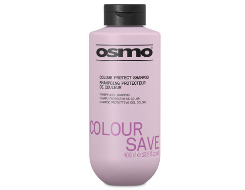 Front view of Osmo Colour Save Colour Protect Shampoo 400ml in a pink bottle with black cap.