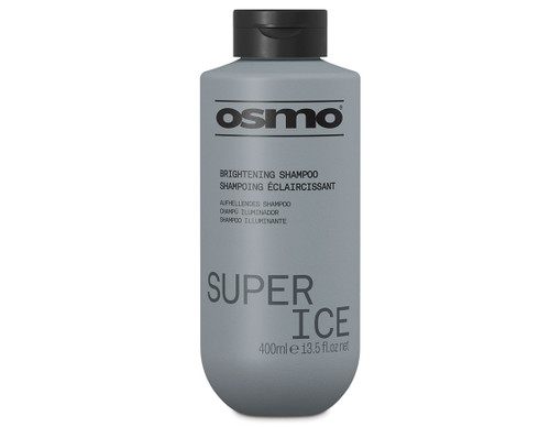 Front view of Osmo Super Ice Brightening Shampoo 400ml in a sleek grey bottle with bold branding.