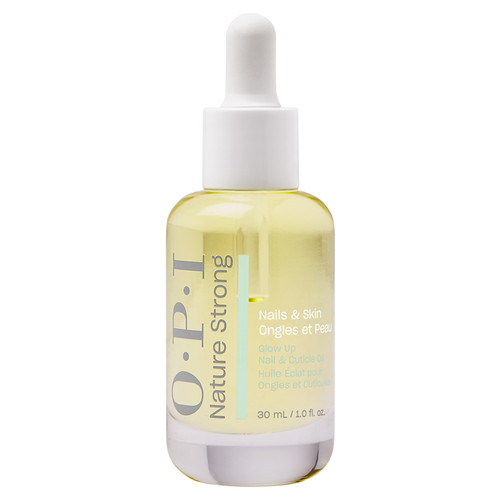 Clear glass bottle of OPI Nature Strong Glow Up Nail & Cuticle Oil, 30ml, with dropper lid, designed to nourish and hydrate nails and skin.