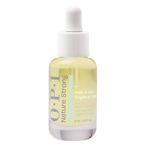 OPI Nature Strong “Glow Up” Nail & Cuticle Oil, 8ml glass dropper bottle filled with pale yellow conditioning oil.