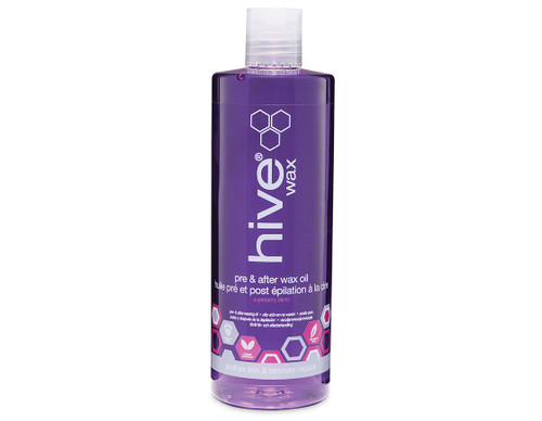Hive pre and post wax oil in a clear 400ml bottle with a purple solution and a clear dispenser cap.