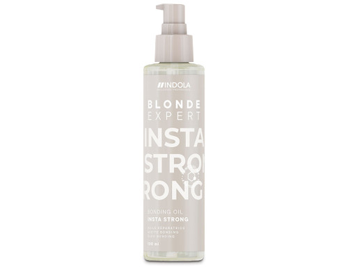 Front‑facing 100 ml clear pump bottle of Indola Blonde Expert Insta Strong bond oil, beige label with white branding, sleek minimalist look.