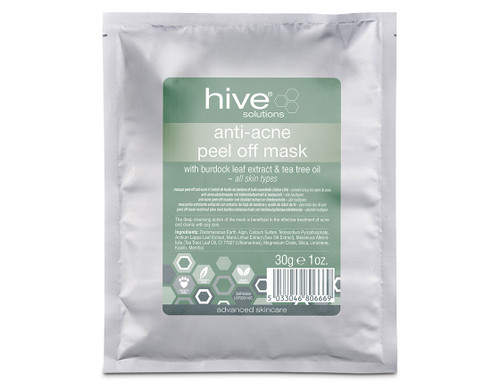 Hive Solutions  anti-acne peel off mask 30g in a silver sachet with a green label.