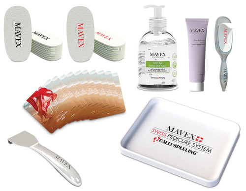 Mavex pedi-kit with Calluspeeling sachets, natural sanitizer cleanser, daily care foot cream, stainless steel file and scraper, replacement coarse and fine grit files, and calluspeeling tray.
